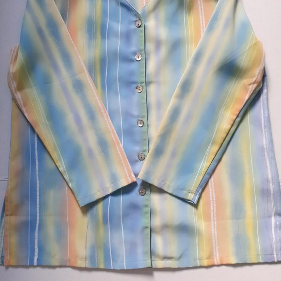 Vintage 80s Vera V-Neck Button Up Long Sleeve Stripe Top Pastels Blue Size 14 - Picture 9 of 13
